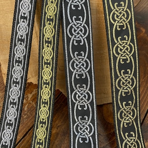 Celtic Ukulele Strap, Mandolin Strap -25mm, 1 inch or 40mm 1 1/2 inch- Black with Metallic Gold and Silver