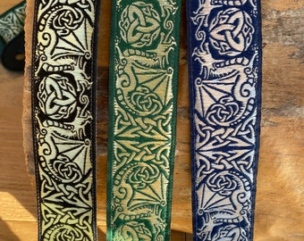 Ukulele Strap, Mandolin Strap - Celtic Medieval Dragon - Narrow 30mm, 1 1 /4 inch - Green, Blue, Black