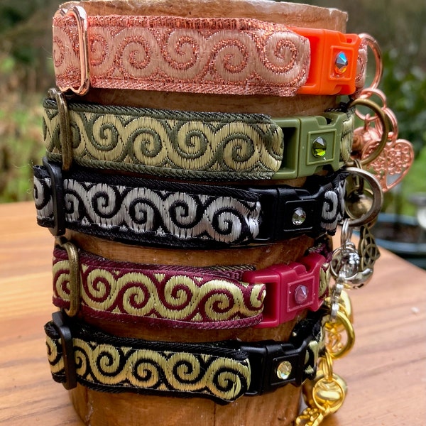 Cat Collar - Celtic Spiral, Swirl - Breakaway Safety buckle - 15mm, 5/8 inch wide  - Copper, olive, wine, black, gold, silver