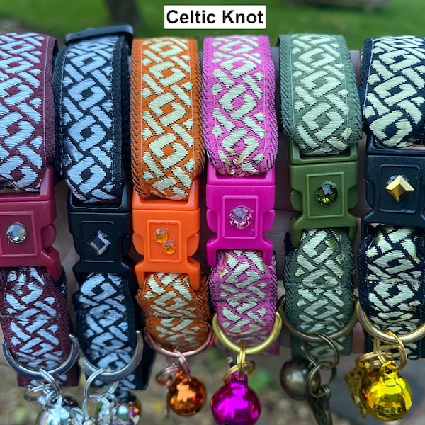 Kattenhalsband - Celtic - Breakaway Safety Buckle - 15 mm breed, 5/8 inch - Zwart, Olijf, Roze, Oranje, Wijn, Goud, Zilver, Groen