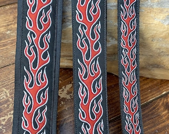 Ukulele Strap, Mandolin Strap, Guitar Strap, Bass Strap -Red and Black Flame - Narrow 25mm, 1 inch, 40mm, 1 1/2 inch, 48mm, 2 inch