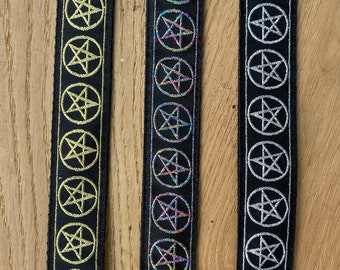 Ukulele Strap, Mandolin Strap - Narrow 25mm (1 Inch) - Black and Rainbow, Gold or Silver Pentagram