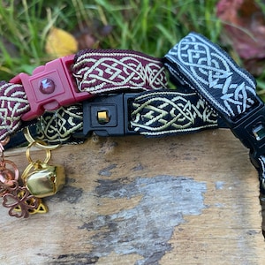 Cat Collar -  Celtic, Medieval - Breakaway Safety Buckle - 15mm wide, 5/8 inch - Black, Wine, Gold, Silver