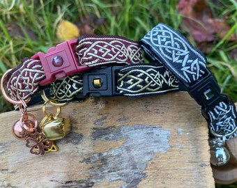 Cat Collar -  Celtic, Medieval - Breakaway Safety Buckle - 15mm wide, 5/8 inch - Black, Wine, Gold, Silver