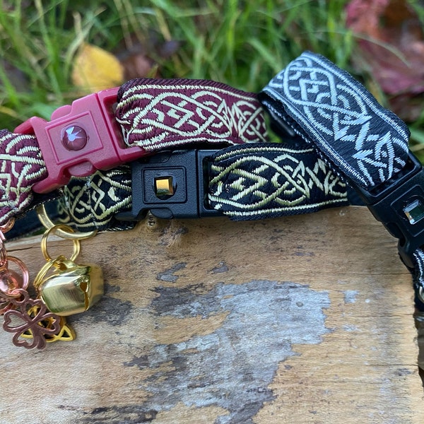 Cat Collar -  Celtic, Medieval - Breakaway Safety Buckle - 15mm wide, 5/8 inch - Black, Wine, Gold, Silver