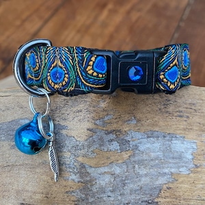 Cat Collar  - Peacock Feather in blue, green, orange. - 15mm, 5/8 inch wide  - Breakaway Buckle