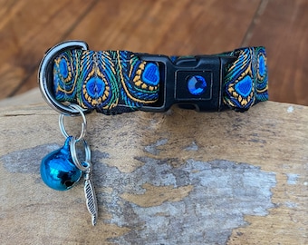Cat Collar  - Peacock Feather in blue, green, orange. - 15mm, 5/8 inch wide  - Breakaway Buckle