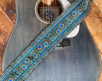 Wide Guitar Strap, Bass Strap - 75mm (3 inch) -  Blue and Green Peacock , Patchwork Design