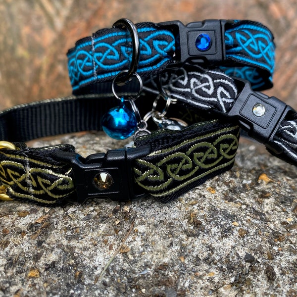 Viking Cat Collar - Black, Blue, Wine, Gold, Silver - Medieval, Celtic - Breakaway Buckle - 15mm wide, 5/8inch