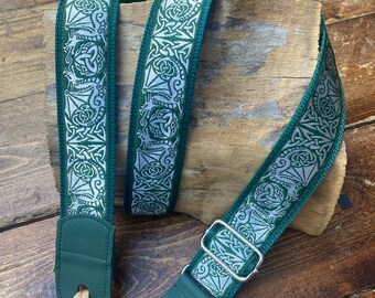 Ukulele Strap, Mandolin Strap, Guitar Strap, Bass Strap -  40mm (1 1/2 inch) 50mm (2 inch) - Celtic Medieval Dragon - Green & Silver
