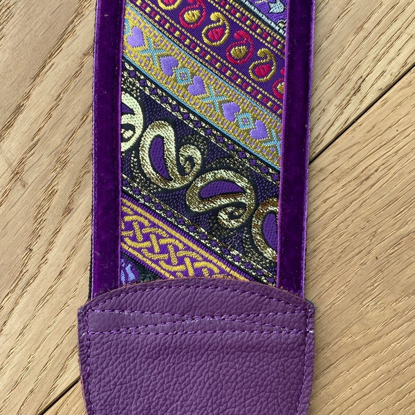 Guitar Strap, Bass Strap - Wide - 75mm (3 inch) - Purple, Gold Patchwork Design