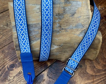 Ukulele Strap, Mandolin Strap - Celtic Knot - Blue & Silver - Narrow 25mm, 1 inch - Headstock Tie