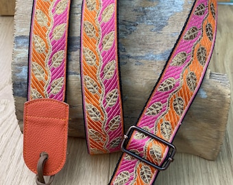 Ukulele Strap, Mandolin Strap - Bronze Vine leaf Design- Pink & Orange - 40mm, 1 1/2 inch