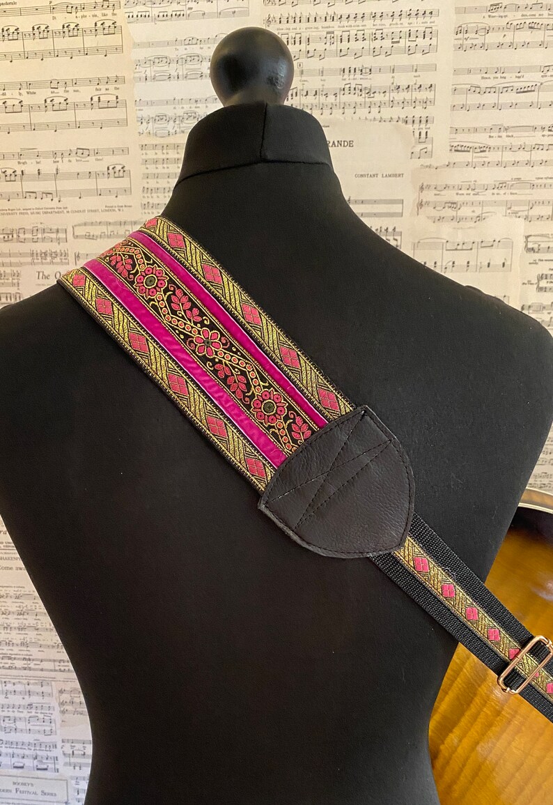 Wide Guitar Strap, Bass Strap 75mm 3 inch Floral, Diamond, Pink, Black, Gold image 2