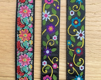 VEGAN - Black Floral - Ukulele Strap, Mandolin Strap - 25mm , 1 inch  - Cork "Leather"