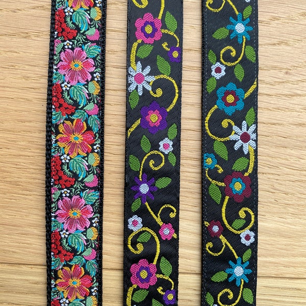 VEGAN - Black Floral - Ukulele Strap, Mandolin Strap - 25mm , 1 inch  - Cork "Leather"