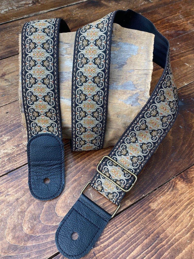 Ukulele Strap, Mandolin Strap, Guitar Strap, Bass Strap Narrow 30mm, 1 1/4 inch ,50mm ,2 inch Persian Design Black,Gold, Blue,Silver image 2