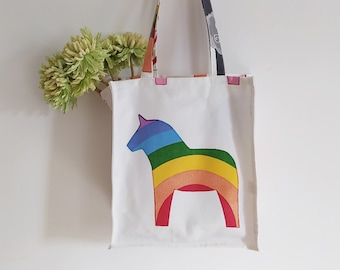 Cotton canvas shopping bag with a rainbow horse