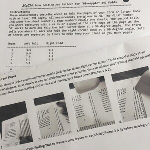 May include: A printable book folding pattern for a pineapple origami project. The instructions include measurements in centimeters and a list of folds to make. The pattern is for a book with at least 294 pages.