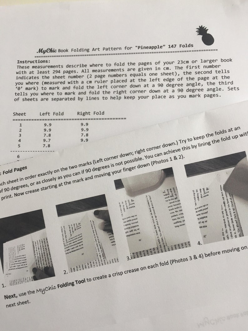 May include: A printable book folding pattern for a pineapple origami project. The instructions include measurements in centimeters and a list of folds to make. The pattern is for a book with at least 294 pages.