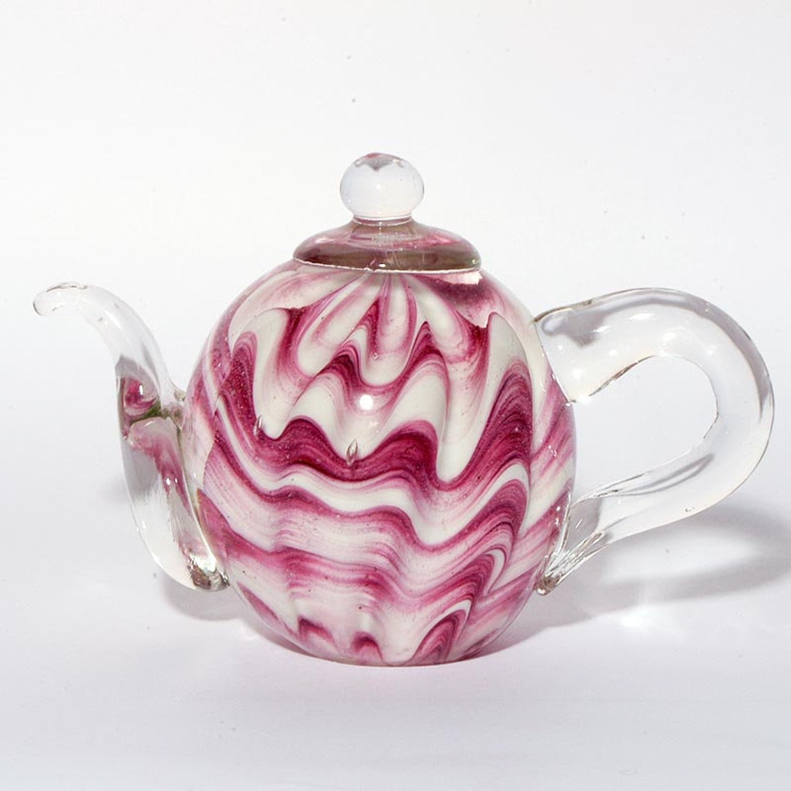 Handmade Decorative Glass Teapot With Pink and White Swirls Ideal as a
