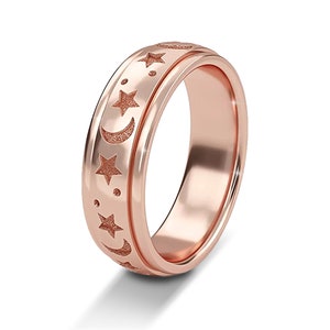 Moon Star Spinner Band Ring for Women Men Unisex in 14ct Rose Gold Plated Sterling Silver TJC | Gift for Her/Him