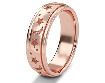 Moon Star Spinner Band Ring for Women Men Unisex in 14ct Rose Gold Plated Sterling Silver TJC | Gift for Her/Him