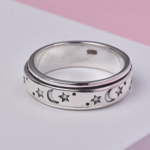 Enameled Moon Star Spinner Band Ring for Women Men Unisex in Sterling Silver | Gift for Her/Him