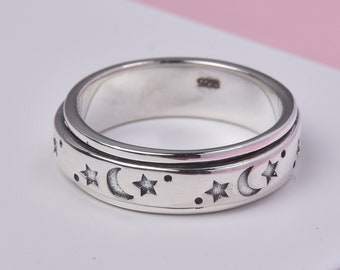 Enameled Moon Star Spinner Band Ring for Women Men Unisex in Sterling Silver | Gift for Her/Him