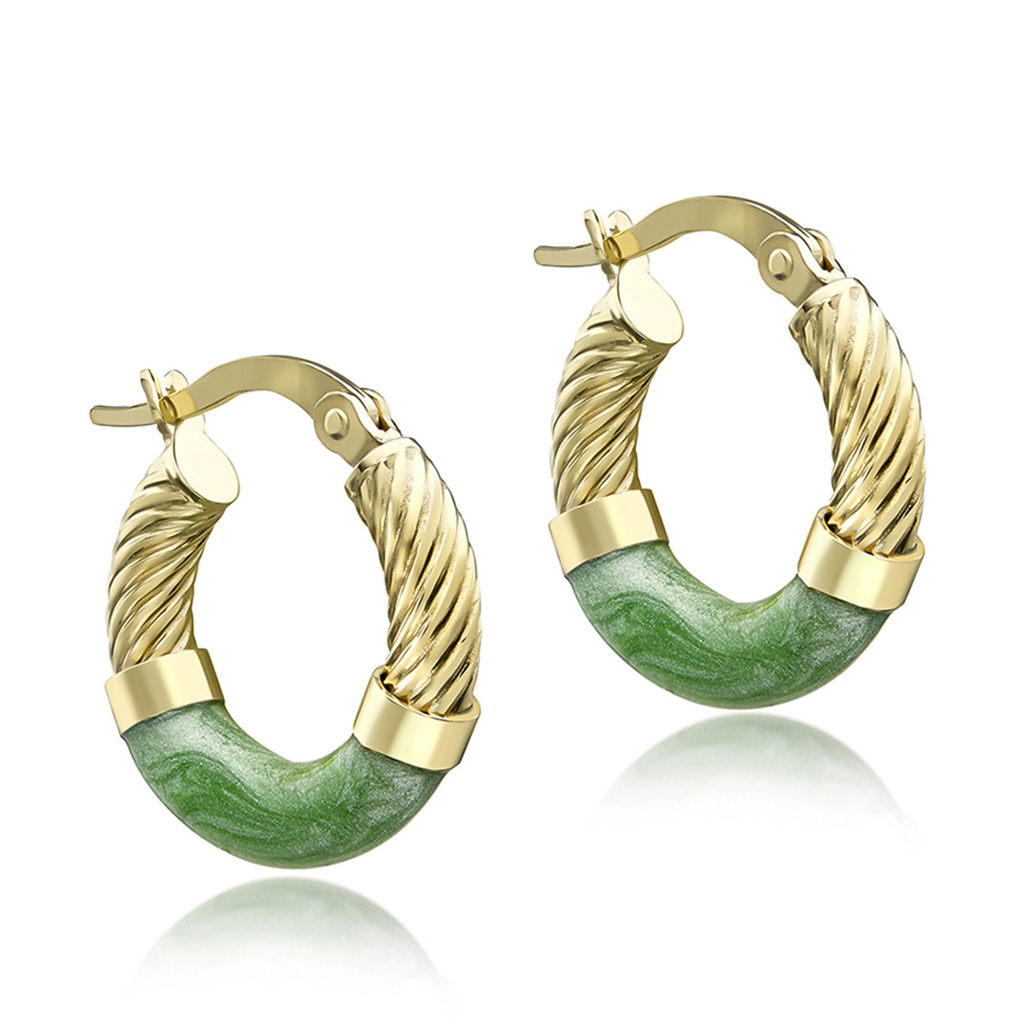 TJC 9ct Yellow Gold Green Enamel Twist Tube Hoop Earrings for