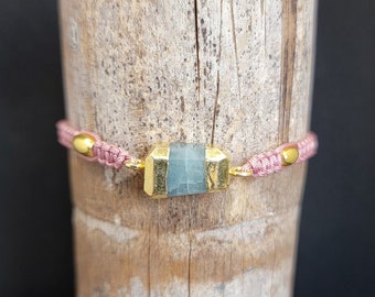 Aquamarine in Gold Leaf Adjustable Macrame Bracelet