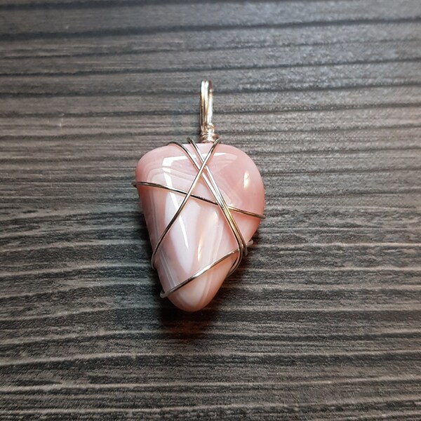 Natural Polished Pink Botswana Agate Wire Wrapped Handmade Pendant, Comfort Stone