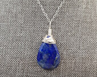 Natural Polished Lapis Lazuli Faceted Pear Wire Wrap Handmade Necklace