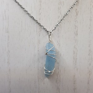 Natural Polished Gem Quality Aquamarine Wire Wrap Handmade Necklace, March Birthstone, Throat Chakra Stone