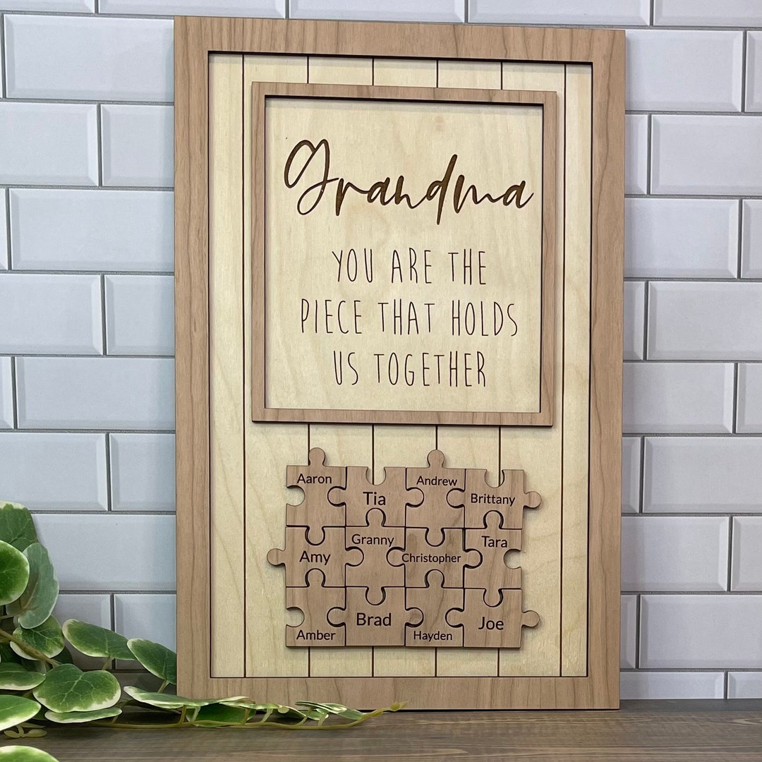 Personalized Grandma Puzzle Sign, Engraved Maple Wood, Mother's