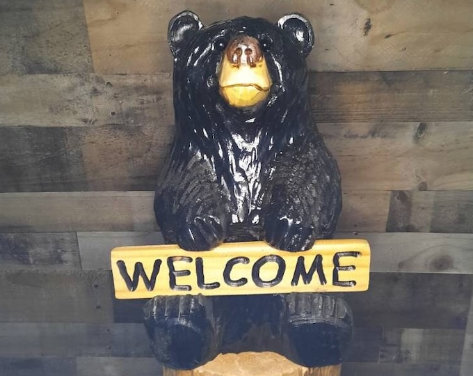 15" Chainsaw Carved Welcome Bear Reversible Sign