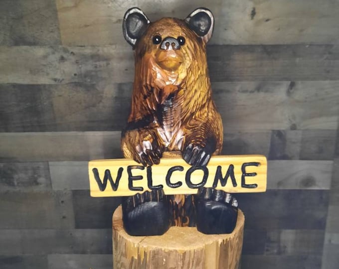 15" Chainsaw Carved Bear Holding Reversible Welcome Sign