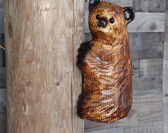 15" Chainsaw Carved Climbing Bear for Post, Poles, Corners, and Trees