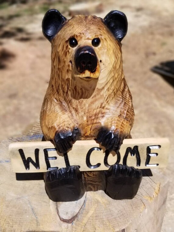 15" Chainsaw Carved Bear Holding Reversible Welcome Sign