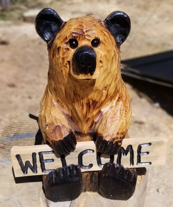 15" Chainsaw Carved Bear Holding Reversible Welcome Sign