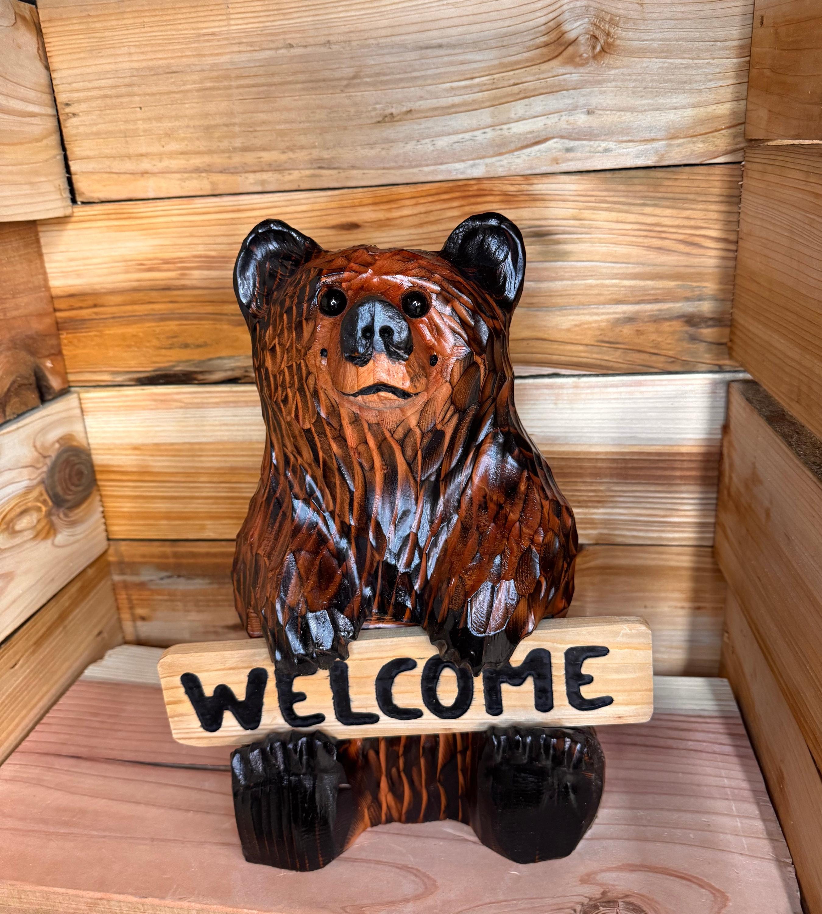 Wood Carved Bear Holding Welcome/go Away Sign - Customizable, 15