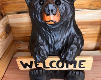 Chainsaw Carved Sitting Black Bear With Reversible Sign – 15