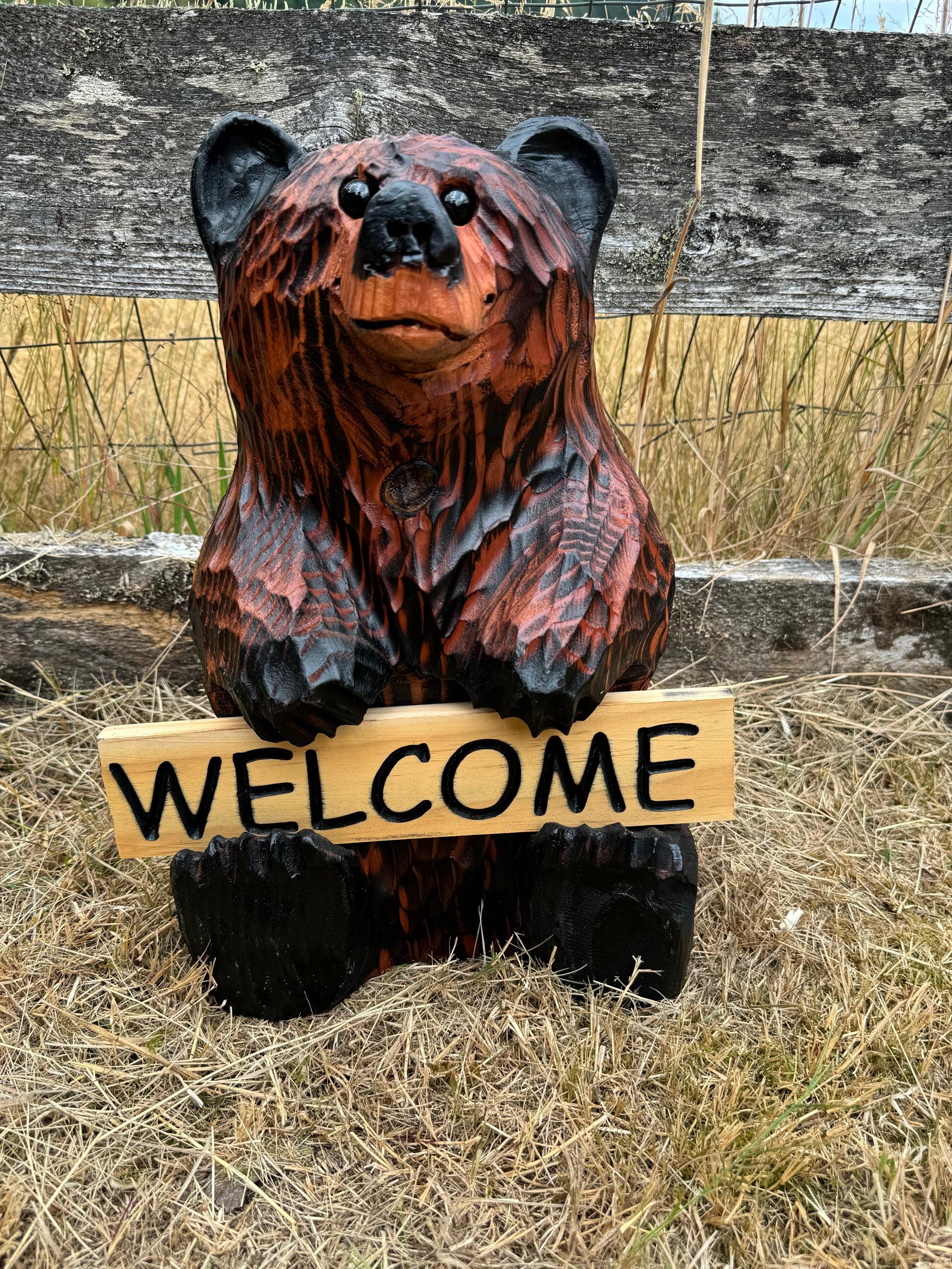 Wood Carved Bear Holding Welcome/go Away Sign - Customizable, 15