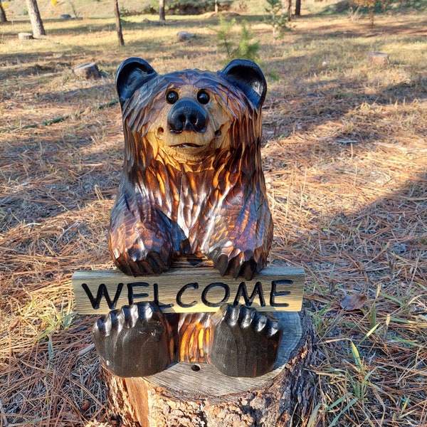 Chainsaw Carved Wooden Bear Holding a Welcome Sign, Reversible, Customizable
