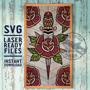 Rose Tattoo SVG File tagliati al laser per Glowforge - Laser Cutter Printer Artwork Vector File GF - Pugnale American Traditional Roses Chevron Tat