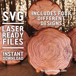 Respaldos de anillos de árbol SVG Archivos cortados por láser para Glowforge -Arte de corte láser- Grabado de corte de galleta de madera - Cuatro diseños diferentes - Fondo