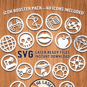 Icon Booster Pack SVG Laser cut bestanden voor Glowforge - 40 nieuwe ontwerpen - Laser Cutter Artwork Vector File