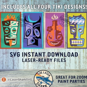 4 TIKI Pack SVG Laser cut files for Glowforge - Laser Cutter Printer Artwork Vector - Polynesian God Islands hawaii hula Sonne Mond Wasser Lava