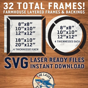 Farmhouse Layered Frames SVG Laser cut files for Glowforge - Includes 32 FRAMES Laser Cutter Artwork - Wood Vintage Frames Edge Framed Blank