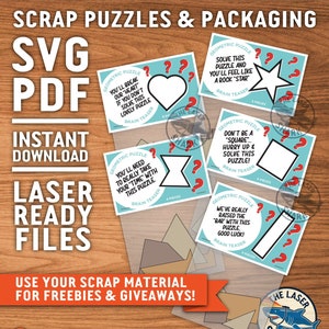 May include: A set of five printable geometric puzzle cards with a blue and white background. The cards feature different shapes and the text "Geometric Puzzle" and "Brain Teaser". The cards are packaged in a clear plastic bag with a blue and white label that says "The Laser Shark".